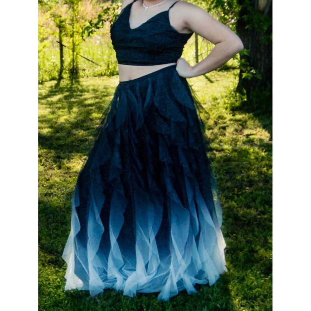 Night Moves Black Glitter Tulle 2 Piece Formal Dress, Crop Top & Maxi Size 15/16